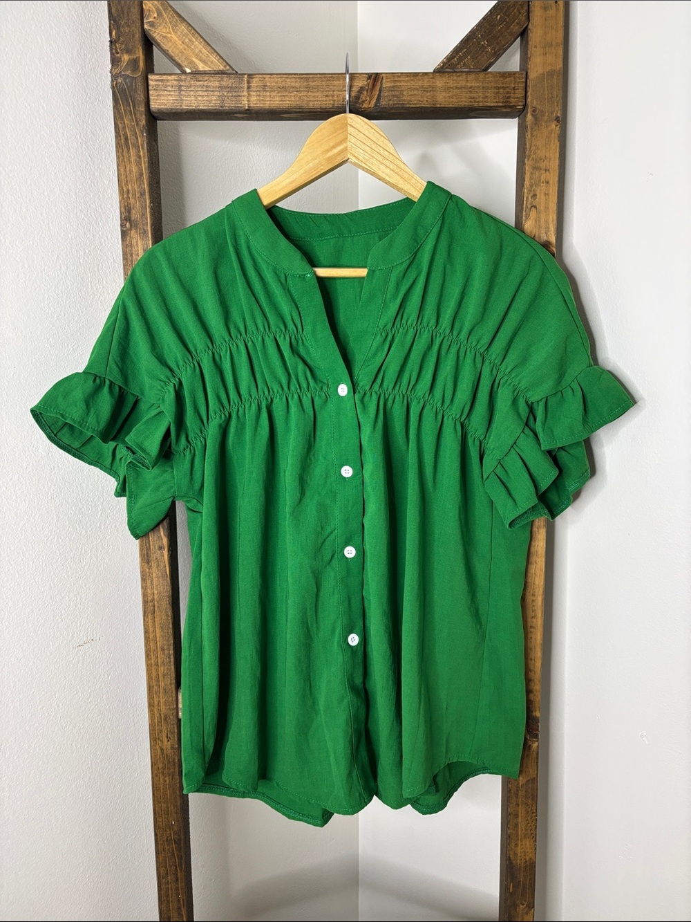 SHEIN Green Ruffle Sleeve Button-Front Top Size XL